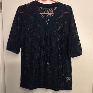 AUW Navy Blue Lace V-Neck Blouse